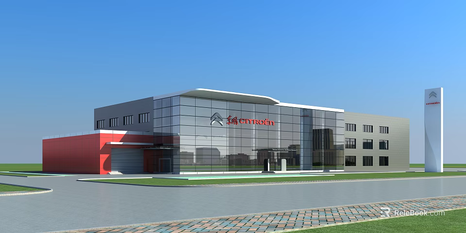 Modern Marathon Building Exterior With Glass Curtain Wall Red Accent And Lawn 3d model 