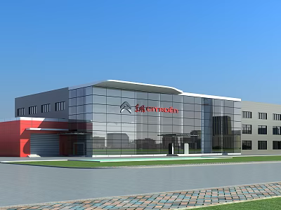 Modern Marathon Building Exterior With Glass Curtain Wall Red Accent And Lawn 3d model