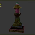 Traditional Japanese Stone Lantern With Square Base Cylindrical Pillar And Decorative Top Lattice Design