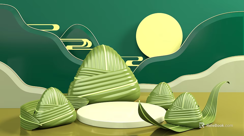 Traditional Green Zongzi On Round Pedestal With Leaves Mountains And Sun 3d model 