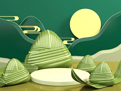 Traditional Green Zongzi On Round Pedestal With Leaves Mountains And Sun 3d model