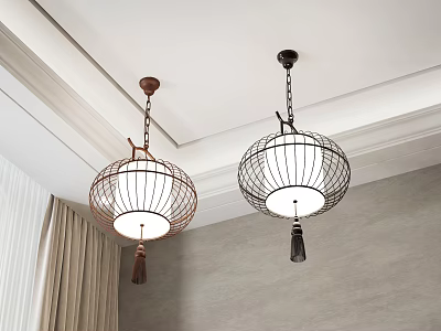 Cage Shaped Pendant Lights Brown Black Metal Frame With Tassel Decoration For Interior Ceiling Design 3d model