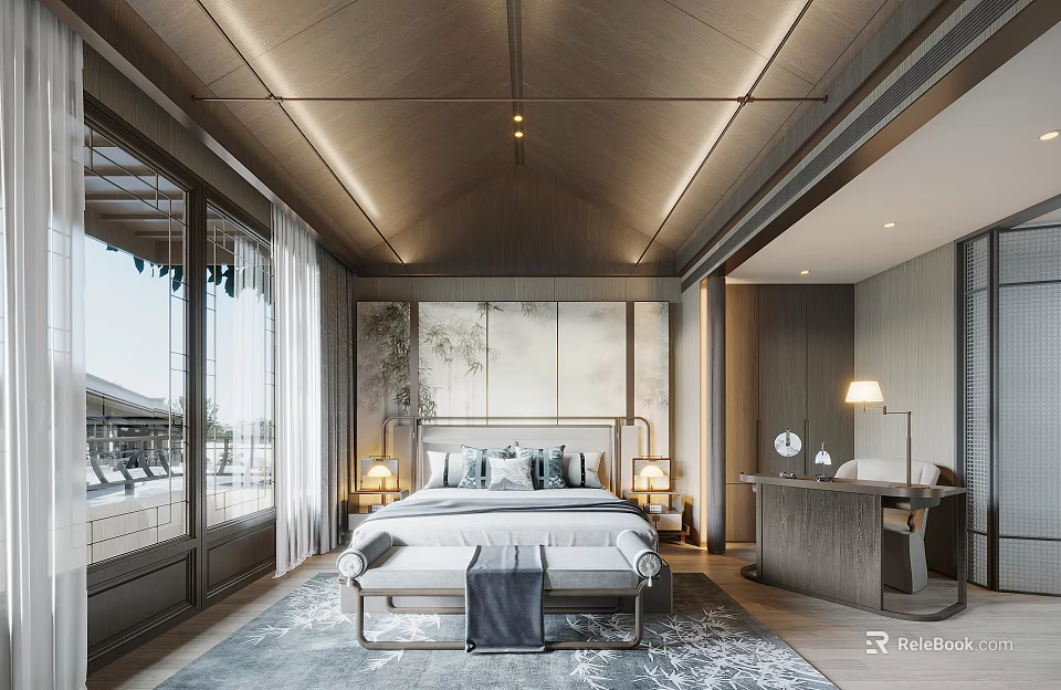 Modern Bedroom Interior With Wooden Ceiling Large Windows Bedhead Panel And Cozy Rug 3d model 