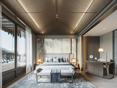 Modern Bedroom Interior With Wooden Ceiling Large Windows Bedhead Panel And Cozy Rug 3d model