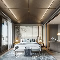 Modern Bedroom Interior With Wooden Ceiling Large Windows Bedhead Panel And Cozy Rug
