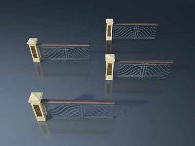 Four Wrought Iron Swing Doors with Decorative Columns and Wooden Beams 3d model