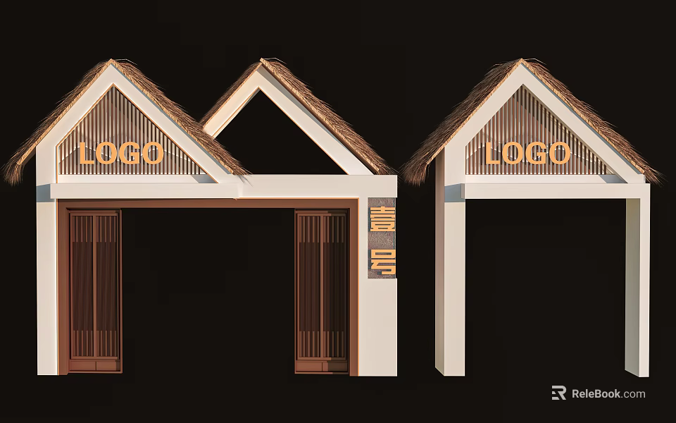 Traditional Entrance Gates With Thatch Roof And Wooden Doors 3d model 