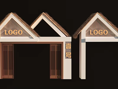 Traditional Entrance Gates With Thatch Roof And Wooden Doors 3d model
