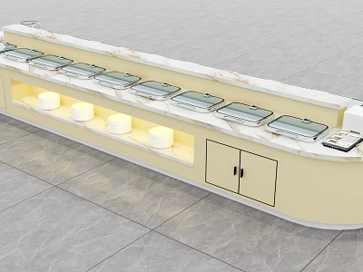 Long Dining Table Featuring Marble Countertop Warm Food Containers Built in Lights And Storage Cabinets 3d model