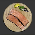 Fresh Salmon Fillets with Lemon Wedge Herbs and Peppercorns on Wooden Cutting Board