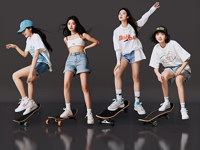 Women Posing On Skateboards In White T-Shirts Denim Shorts With Sneakers Caps Against Gray Background 3d model