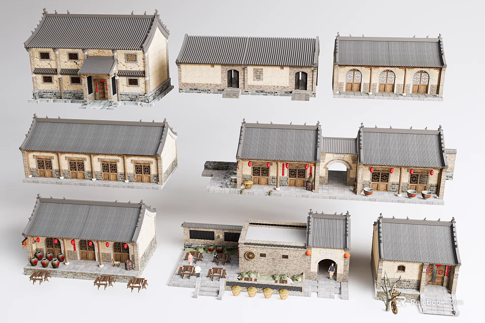 Traditional Chinese Architecture Models With Gray Tile Roofs And Courtyard Scenery 3d model 