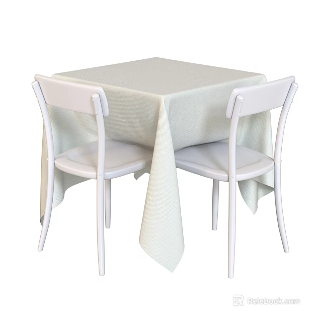 Simple Square Table With White Chairs And Beige Tablecloth In Minimal Design 3d model 