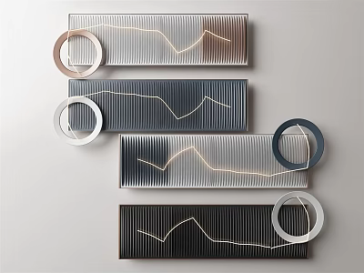 Modern Wall Decor with Rectangular Panels Wavy Lines and Circular Rings 3d model