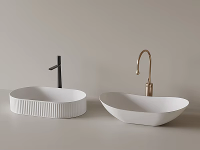 White Oval Washbasins With Ribbed And Sleek Design Black Gold Faucets On Countertop 3d model