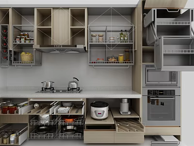 Modern Kitchen Cabinets With Open Storage Design And Organized Countertop Space 3d model
