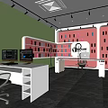 Public Office Space Featuring Modern Desks Computer Monitors Pink Partitions Large Screen and Bookshelves