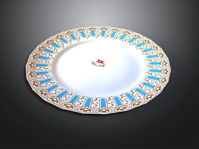 Elegant White Dinner Plate With Blue Gold Decorative Rim And Floral Center Design 3d model
