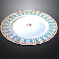 Elegant White Dinner Plate With Blue Gold Decorative Rim And Floral Center Design