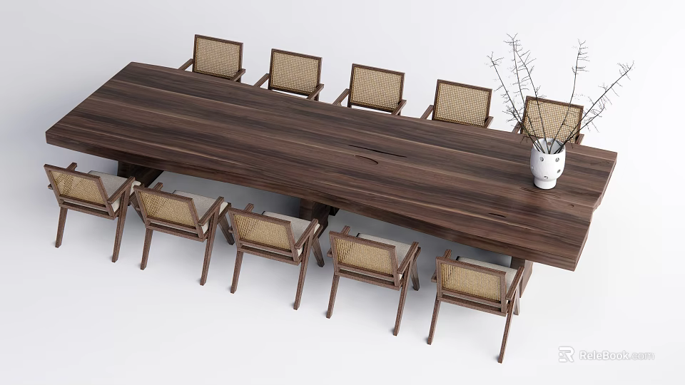 Walnut Wooden Conference Table with Woven Seat Chairs and White Vase Dried Branches 3d model 
