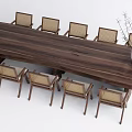 Walnut Wooden Conference Table with Woven Seat Chairs and White Vase Dried Branches