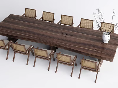 Walnut Wooden Conference Table with Woven Seat Chairs and White Vase Dried Branches 3d model