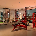 Modern Gym Interior With Red Black Fitness Machines Dumbbell Rack And Large Windows