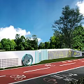 White Feature Wall Along Red Bicycle Lane With Circular Pattern Grid Texture And Green Trees 3d model