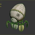 Game Movie Character Mechanical Creature With Oval White Shell Metal Legs And Blue Glowing Eyes