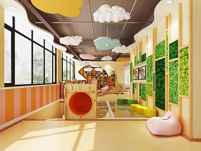Colorful Kindergarten Interior With Cloud Ceiling Large Windows Green Plant Walls And Wooden Play Areas 3d model
