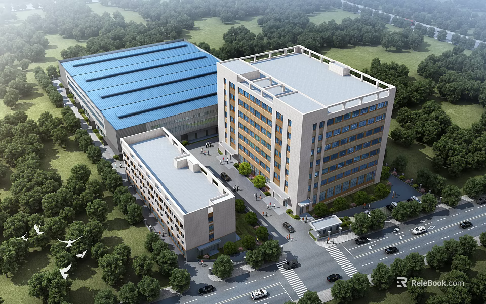 Industrial Factory Complex With Blue Roof Multi Story Building Green Trees And Parking Lot 3d model 