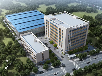 Industrial Factory Complex With Blue Roof Multi Story Building Green Trees And Parking Lot 3d model