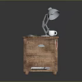 Wooden Nightstand With Blue Table Lamp White Cup Drawer And Magazine
