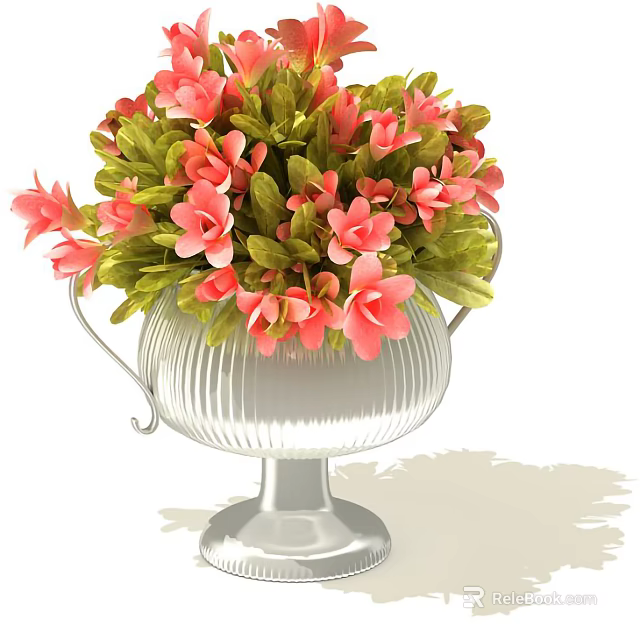 Elegant Silver Vase With Striped Design Decorative Handles Pink Flowers And Green Leaves 3d model 