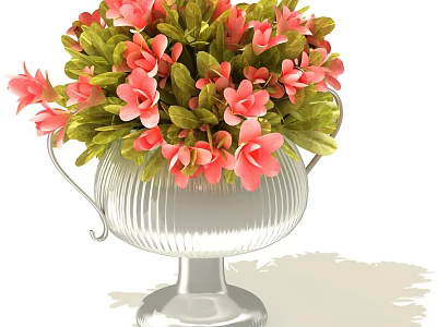 Elegant Silver Vase With Striped Design Decorative Handles Pink Flowers And Green Leaves 3d model