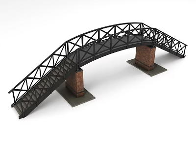 Black Metal Arch Bridge With Red Brick Piers And Truss Structure Design 3d model