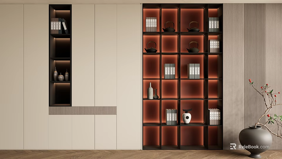 Modern Bookshelf Design With Multiple Compartments Books Decorative Vases And Warm Lighting 3d model 
