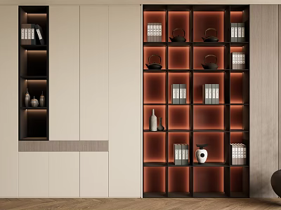 Modern Bookshelf Design With Multiple Compartments Books Decorative Vases And Warm Lighting 3d model