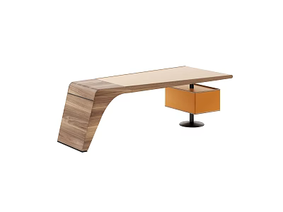 Modern Wooden Desk With Curved Structure And Small Desk Lamp 3d model