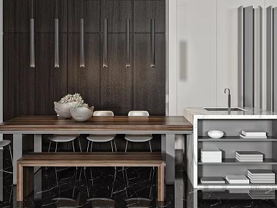Modern Wooden Dining Table Set With Chairs Bench Dark Wood Wall And Pendant Lights 3d model