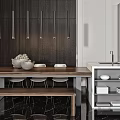 Modern Wooden Dining Table Set With Chairs Bench Dark Wood Wall And Pendant Lights