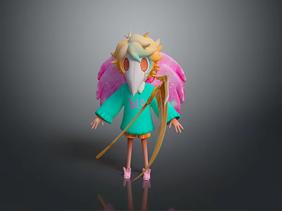 3D Fantasy Character Design With Pink Wings Cyan Robe Skull Mask And Golden Staff 3d model