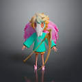 3D Fantasy Character Design With Pink Wings Cyan Robe Skull Mask And Golden Staff