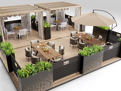 Outdoor Patio With Wooden Pergola Tables Chairs Umbrella And Green Plants 3d model