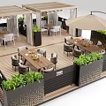 Outdoor Patio With Wooden Pergola Tables Chairs Umbrella And Green Plants