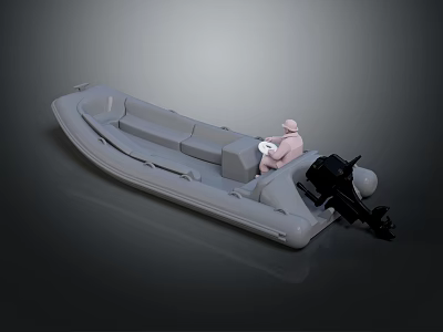 Gray Inflatable Boat Model With Pink Figure Black Motor And Seats 3d model