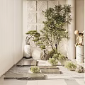 Modern Luxury Indoor Landscape Featuring White Screen Green Plants Stones Sculpture Water Feature Stepping Stones