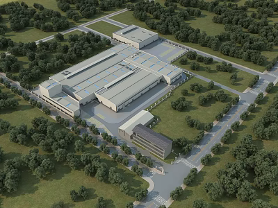 Modern Industrial Factory Complex With Multiple Buildings Green Surroundings And Access Roads 3d model