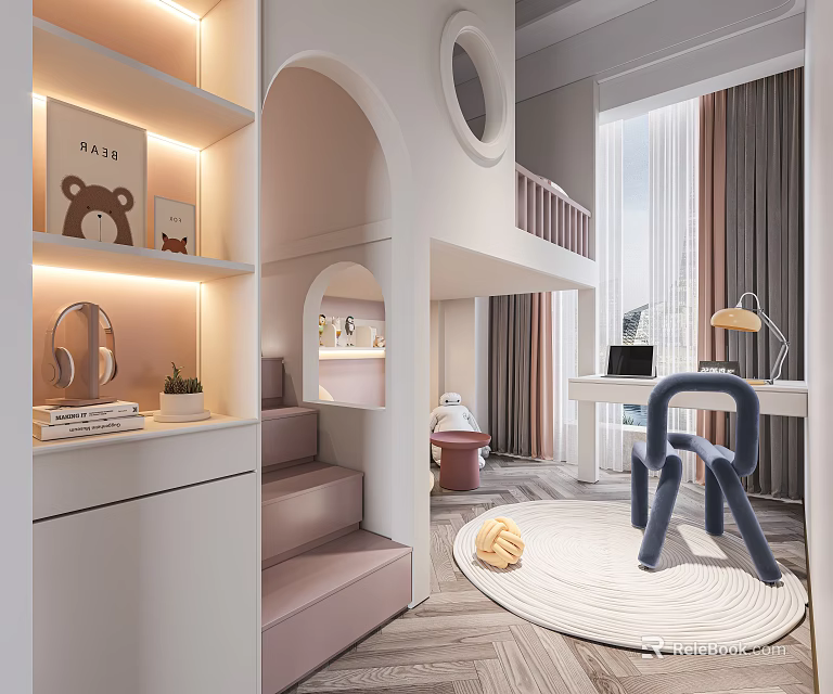 Cozy Kids Room Interior With Teddy Bear Shelves Pink Stairs Study Desk And Blue Chair 3d model 