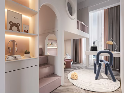 Cozy Kids Room Interior With Teddy Bear Shelves Pink Stairs Study Desk And Blue Chair 3d model